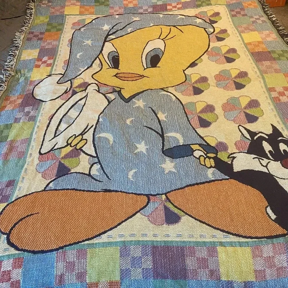 VTG 90s Baby Toddler Looney Tunes Cotton Blanket Sylvester Tweety Bird Blue Cozy